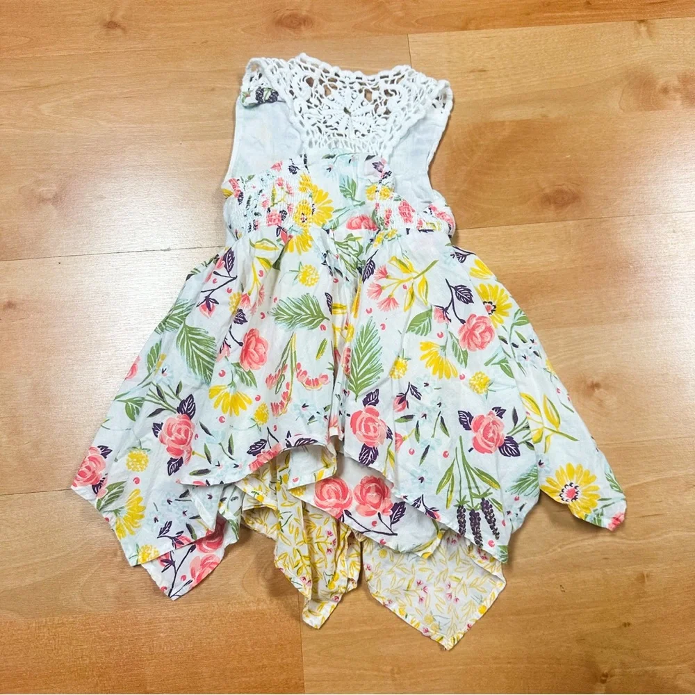 Artisan NY Pink & Yellow Floral Handkerchief Hem Crochet Detailed Dress 12M